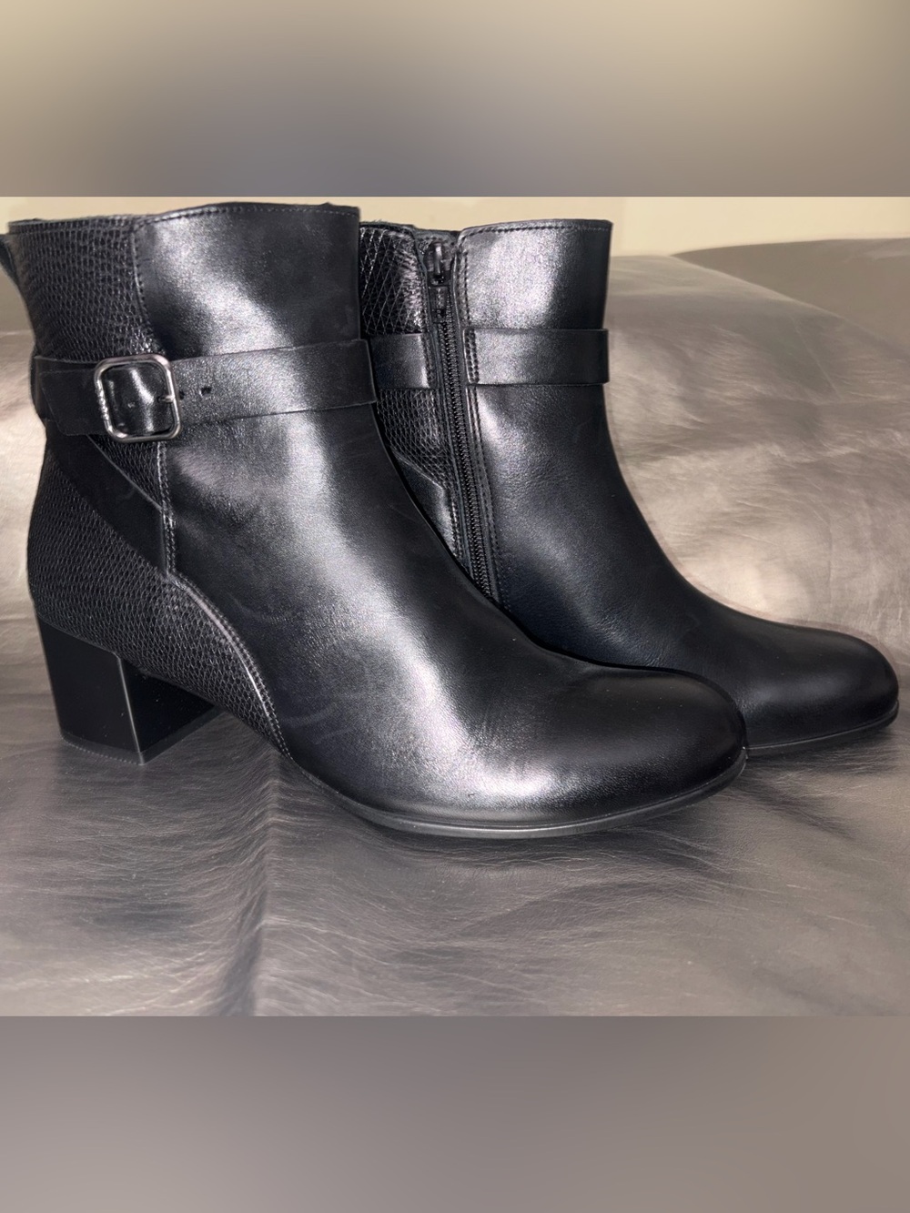 Women's Black Leather Ankle Boots with Buckle Size 10-10.5